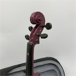 Archetto purple painted three-quarter size violin with 33.5cm back, bears label, 57cm overall, in fitted carrying case with bow