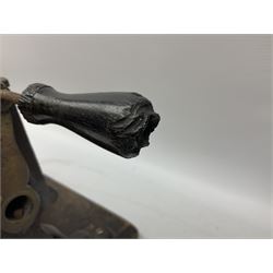 Victorian cuff and collar tabletop mangle, the ribbed brass rollers in a cast iron frame mounted on a wooden base