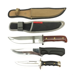 Hunting knife with 17cm single edge blade stamped Tramontina with brass riveted wooden slab grip L29.5cm; another with14cm blade stamped Tramontina, composite grip marked Amazonas Two L26cm, both in sheaths; and a small hunting knife with12cm blade marked Muela Spain (3)