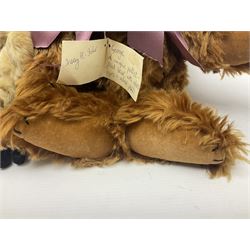 Group of five teddy bears comprising ‘George’ a unique pellet filled bear with glass eyes and velvet paws H38cm, and ‘Abbey’ a luxury German plush with wobble head and glass eyes no.5/10 H24cm, both with Teddies from Bearyland labels; along with two light blonde mohair H. M. Bears and Boyds Bears ‘T. F. Wuzzies’ no. 595140 (5)