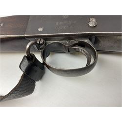 Braendlin Armoury Martini action .577/450 falling back rifle, the 85cm rifled barrel stamped Alex. Henry Edinburgh & London with two barrel bands including Yatagan bayonet side fitting and clearing rod under, with leather sling, serial no.13332, L126cm (NB. Firing pin broken). 