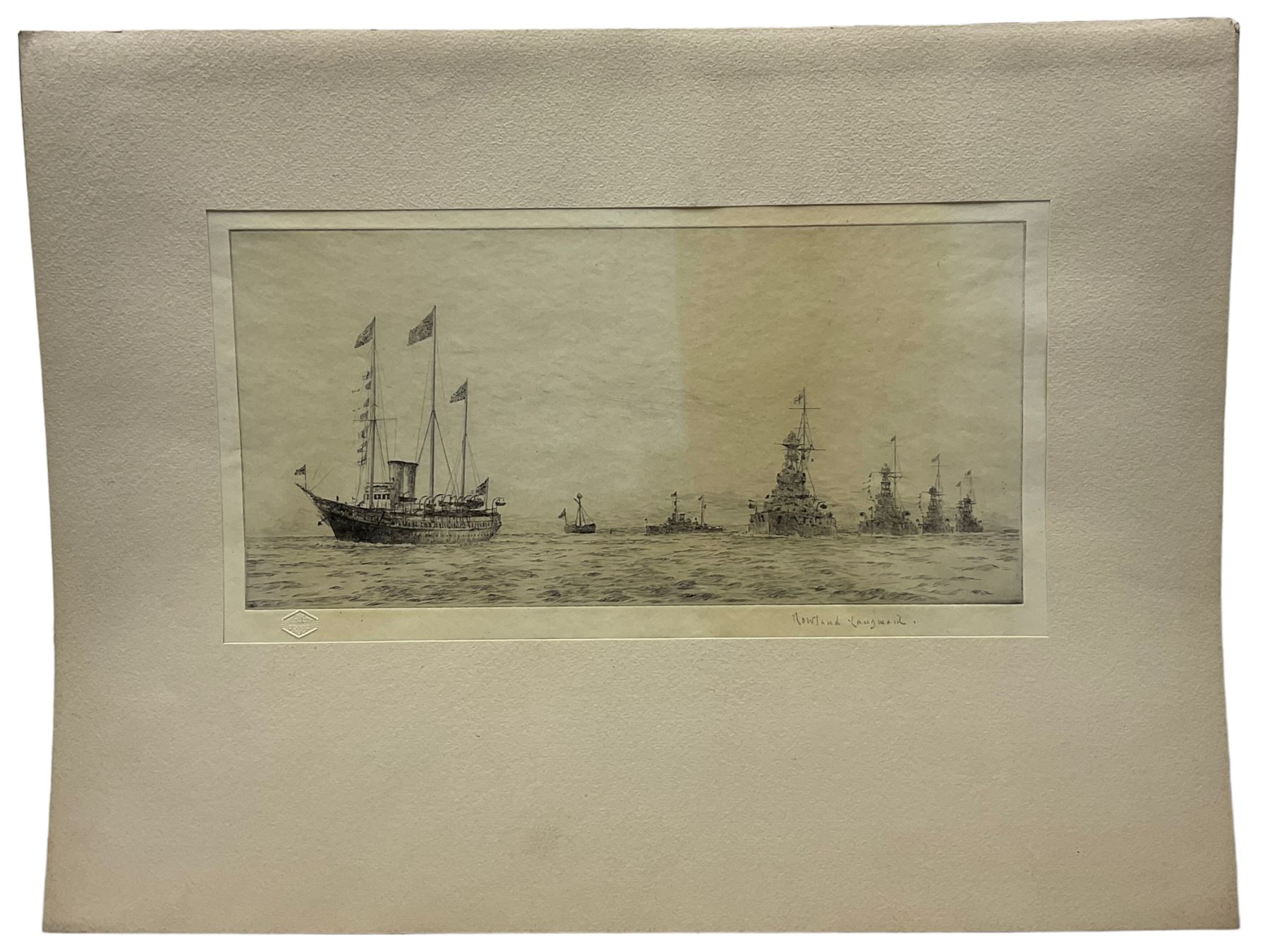 Rowland Langmaid (British 1897-1956): 'The Dreadnaughts' and 'The 1935 Coronation Review', pair academy proof drypoint etching signed in pencil with blindstamp 19cm x 36cm (2) (unframed)