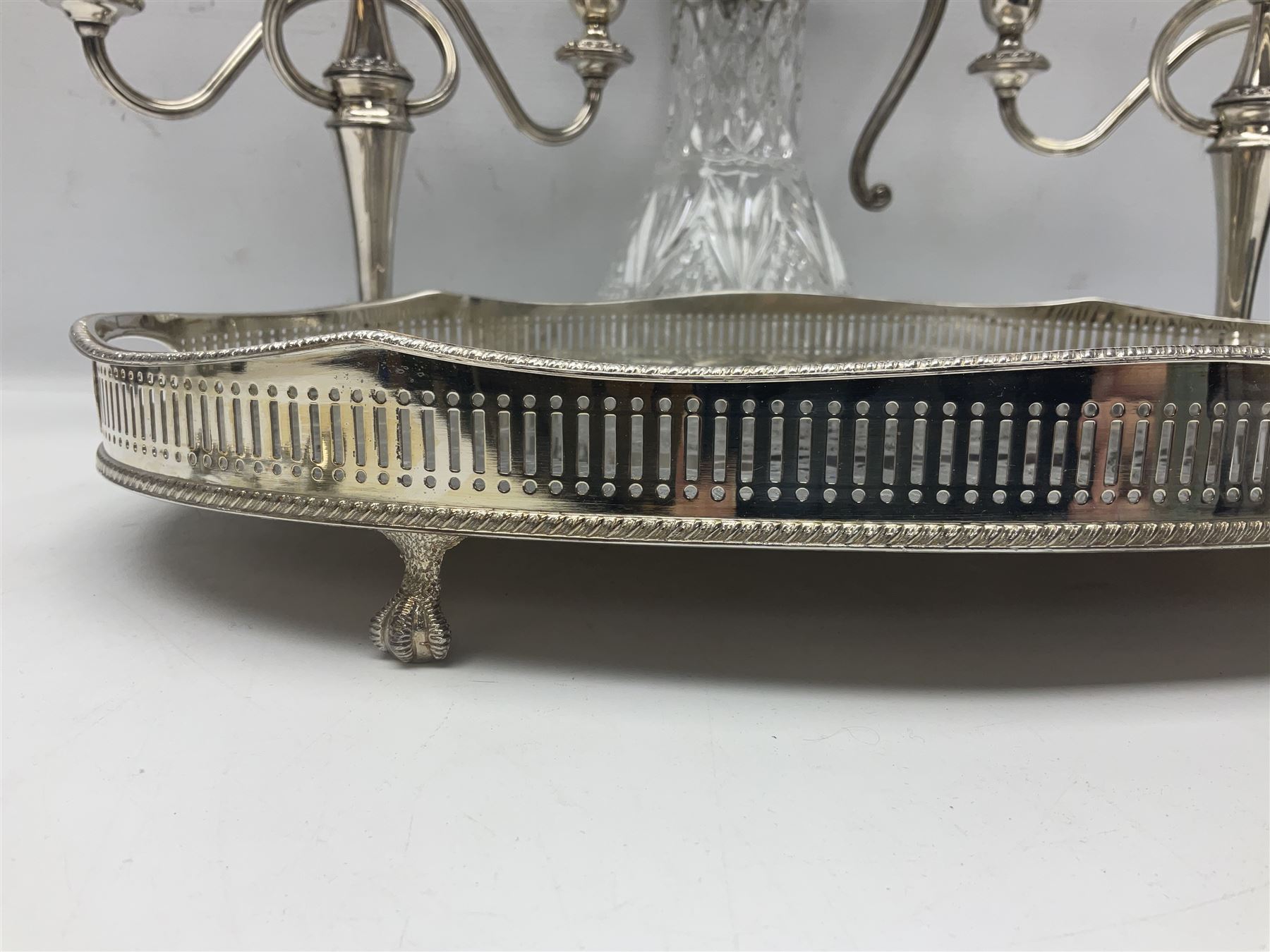 Glass claret jug, with silver plated top, together with other silver plate, to include pair of candelabras and tray with claw feet, jug H30