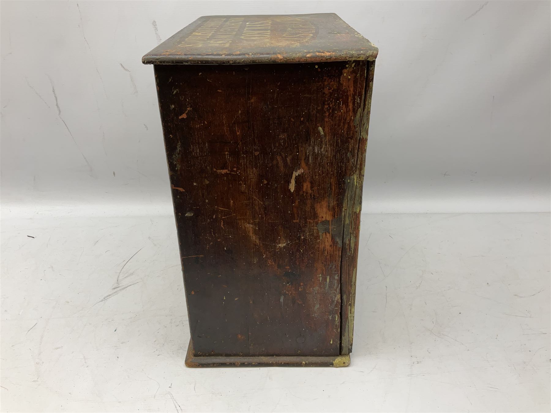 Early 20th Century Dewhurst table top chest, decorated with gilded 'Dewhurst's Sylko Machine Twist Strong Lustrous' lettering above six long drawers with names and numbers of cotton also detailed in gilt, H39cm