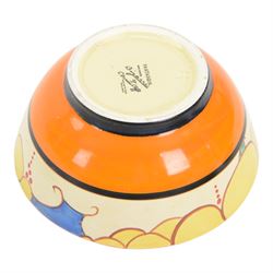 Clarice Cliff Fantasque Bizarre for Newport Pottery bowl, decorated in the Summerhouse pattern c.1931-1933, the exterior painted with stylised trees with yellow foliage and clouds bordered by black and orange bands, with black printed marks and impressed 1 1/2 beneath, D18.5cm