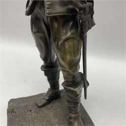 Bronzed figure of a cavalier upon a square base, H33cm 
