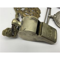 WWI J. Hudson & Co. Birmingham trench whistle dated 1916; WWI British War Medal awarded to 117363 Gnr. N.L. Wright R.A.; Services Rendered badge No.111643; RAF & RFC cap badges etc