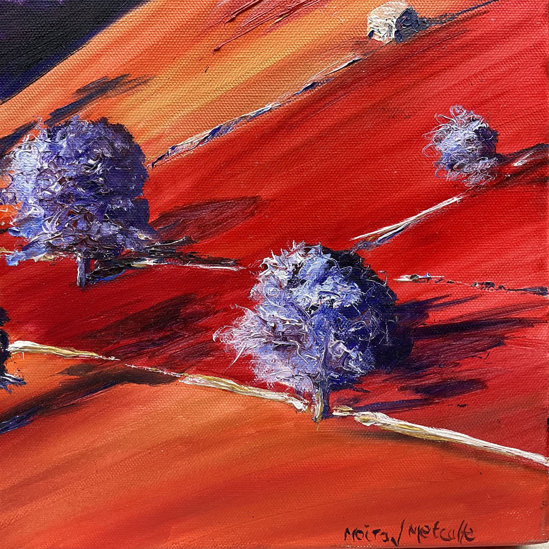 Moira Metcalfe (British Contemporary): Rural Landscape in Red and Purple, oil on canvas signed 40cm x 40cm 