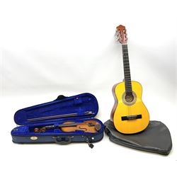 Children's violin, L51.5cm, in case and children's guitar, L93cm in case 