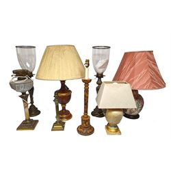 Pair of metal table candlesticks, with bell shaped glass shades, oil lamp with marble stem and cut glass reservoir, together with three ceramic table lamps, tallest H66cm