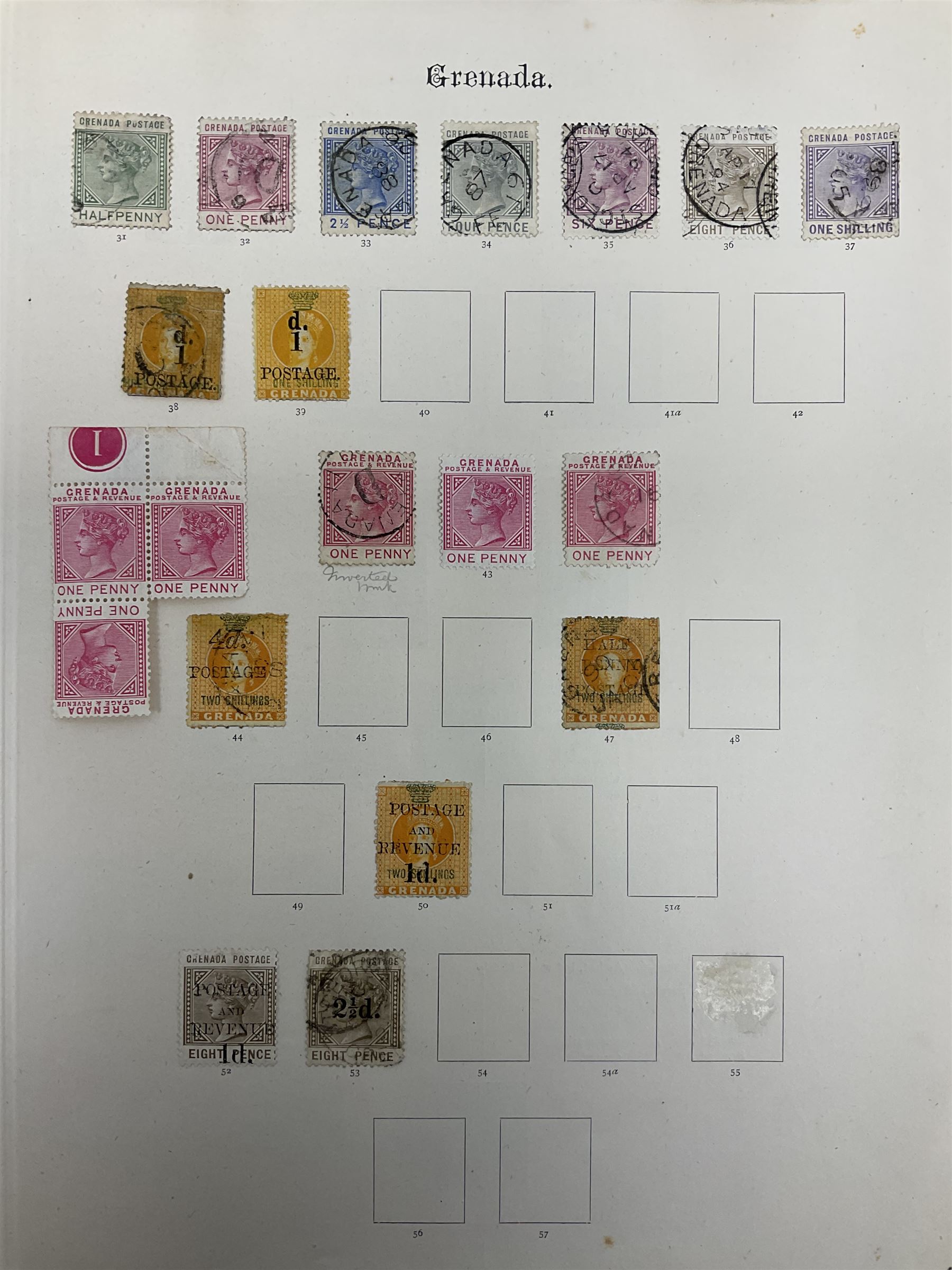 Grenada Queen Victoria and later stamps, including 1861-79 one penny, six pence, one shilling, 1883 halfpenny to one shilling, King George V 1913 values to one shilling etc, housed on pages