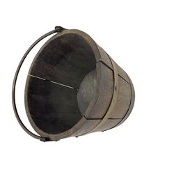 Tudor style oak coal type box with hinged top, with tin liner; and a coopered bucket (2)