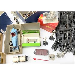 Fifty modern lead figures of mounted and foot soldiers, various period uniforms from 18th century to WW2, painted and unfinished with related paperwork; small quantity of Hornby '00' gauge model railway items and track; and four boxed Subbuteo teams etc