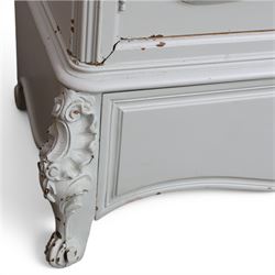 French Louis XV style pale blue painted armoire, with carved floral and foliate crest over a shaped moulded cornice, fitted with two bevelled mirror panel doors enclosing hanging space and drawer, above shaped apron, raised on carved cabriole supports