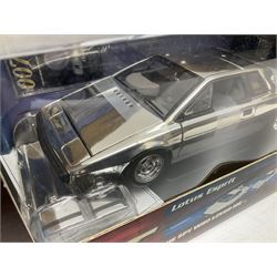 RCERTL Joyride James Bond 1:18th scale die-cast model cars - Lotus Esprit (silvered) from The Spy Who Loved Me, Aston Martin V12 Vanquish from Die Another Day and Chevrolet Corvette from A View To A Kill, all boxed (3)