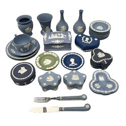  Collection of Wedgwood jasperware, to include a flared rim vase, six boxes, thirteen trinket dishes, flatware, cup and saucer etc (27)