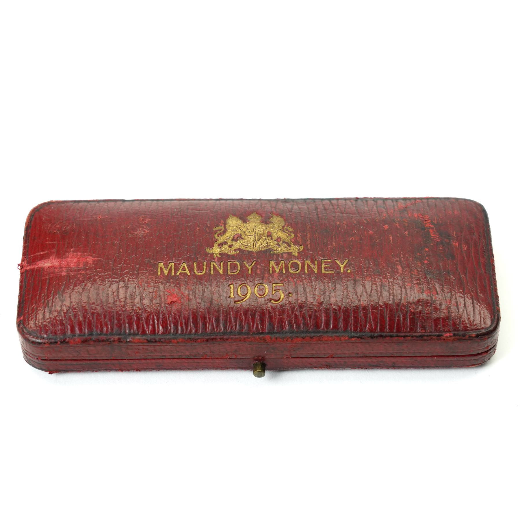 King Edward VII 1905 Maundy Money four coin set, in contemporary red leather case