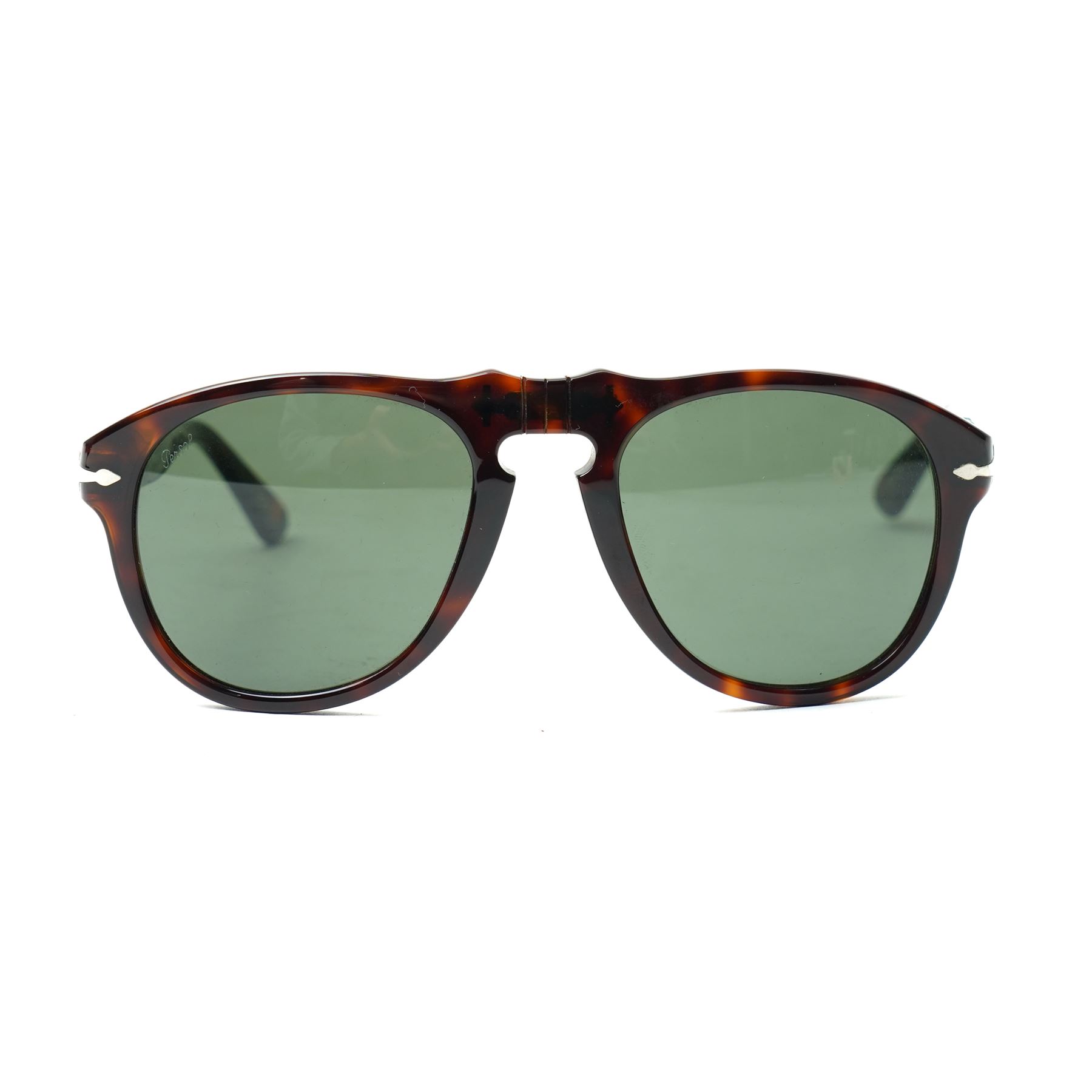 Persol tortoiseshell acetate sunglasses, handmade in Italy, with dark green lenses, signature silver-tone arrow hinges and keyhole bridge, temple interiors stamped Persol and CE marks, together with original Persol case and cloth
