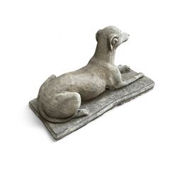 Cast Stone Laying Greyhound on rectangular plinth,