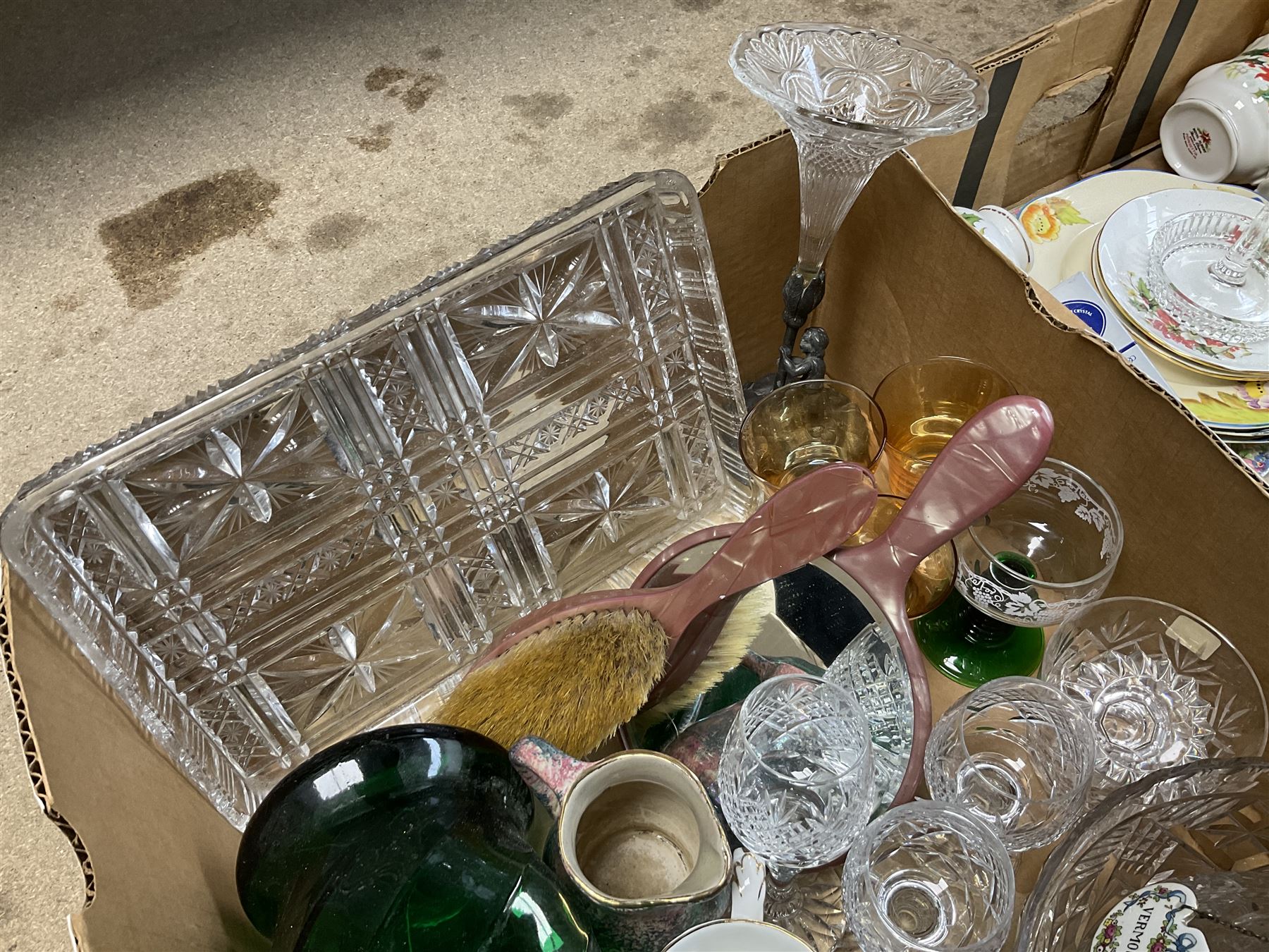 Royal Albert Poinsettia pattern part tea service, including tea cups, mugs, dessert plates, cake plate, together with James Kent plates, Crown Staffordshire Vermouth ceramic decanter label, glassware etc, two boxes 