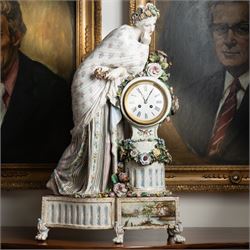 Large 19th century German porcelain mantel clock with white dial and striking movement, th...