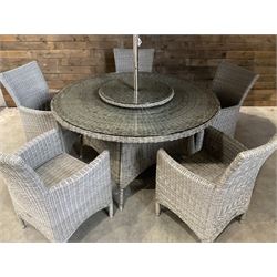 LeisureGrow circular rattan garden table, with lazy Susan, five armchairs with cushions, parasol and weighted base, with glass tops