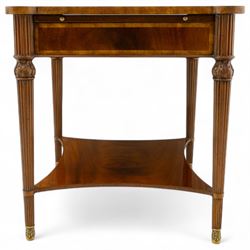 Maitland Smith - Pair of mahogany side tables, the rectangular top with rounded corners, the top edge inlaid with movingui wood, above two under-tier shelves, and frieze drawer, supported on stop-reed and acanthus foliate carved legs united by platform stretcher, raised on brass sabot foot caps