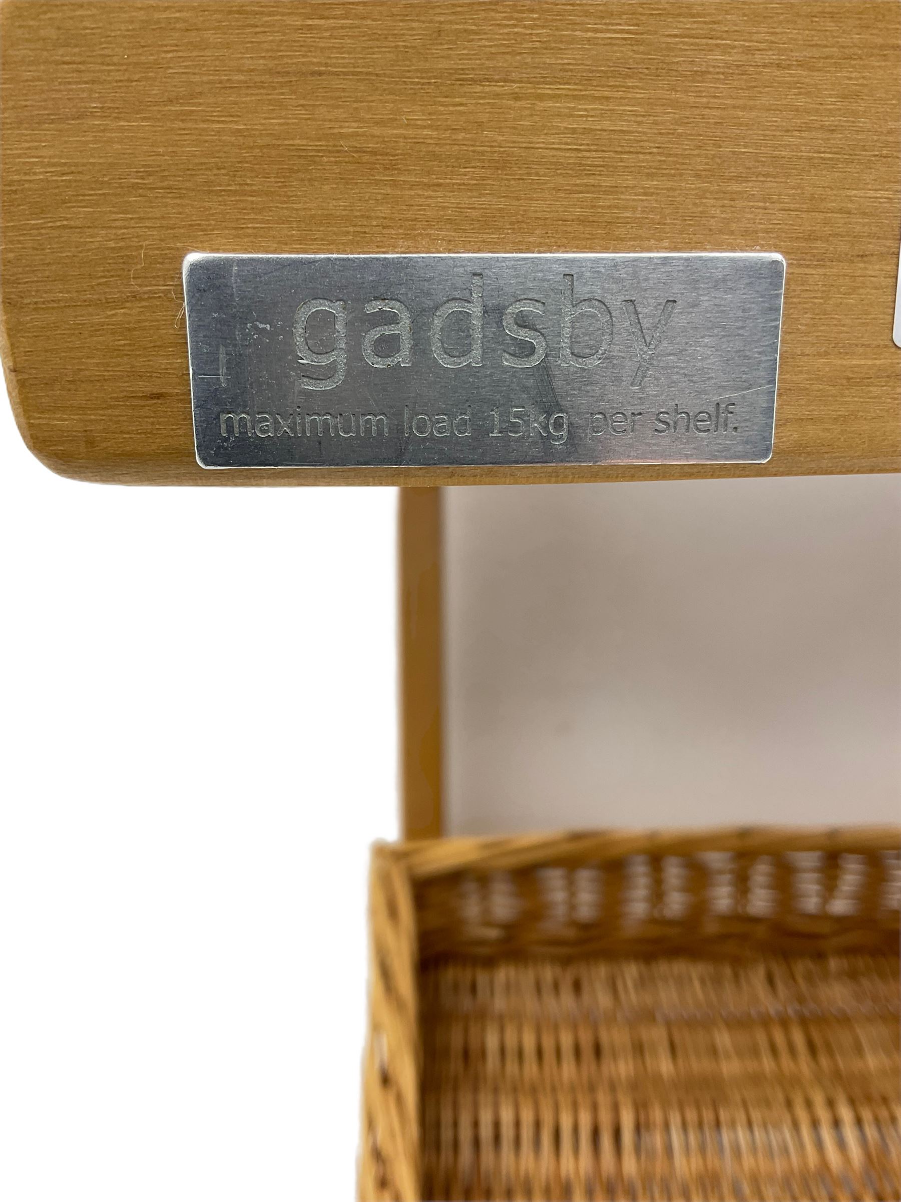 Gadsby beech four tier shop display stand, with wicker baskets