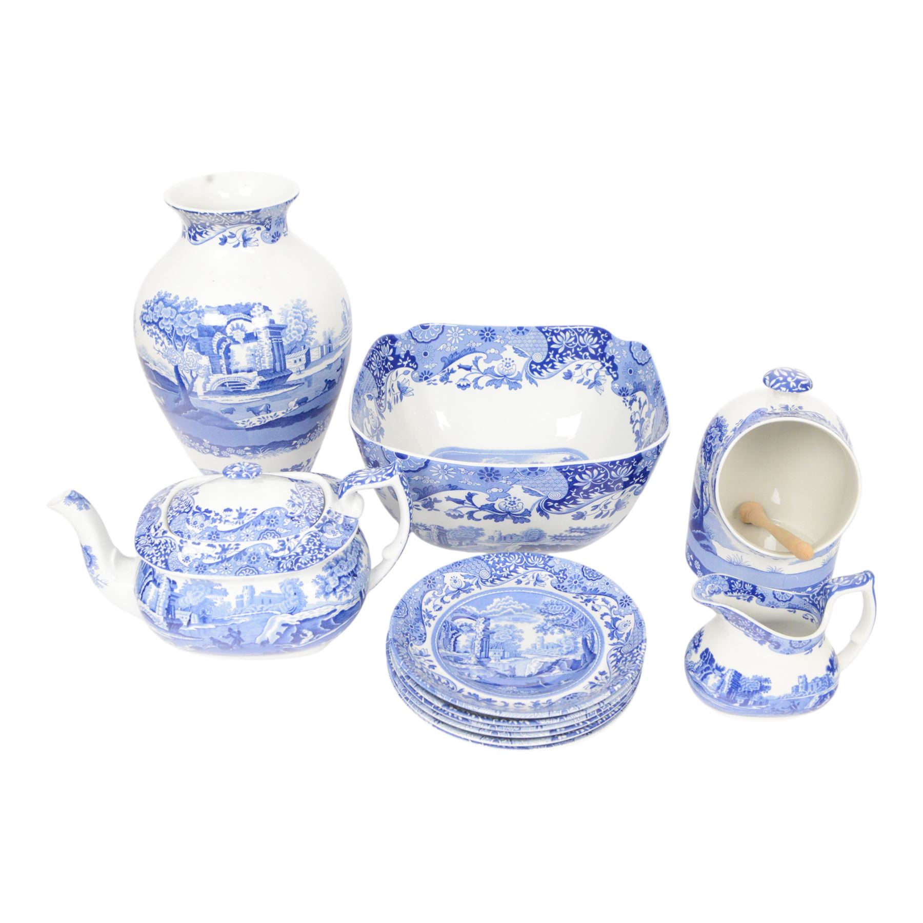 Spode blue Italian pattern, including six cups and saucers, salt pig etc 