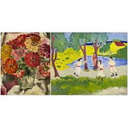 After August Macke (German 1887-1914): Children Dancing Under a Tree, oil on canvas unsigned 29cm x 37cm; English School (20th Century): Flowers in a Vase, oil on canvas board indistinctly signed 44cm x 37cm (one unframed)