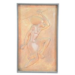 Two Copper embossed panels, the first depicting an African warrior, the second an African mask, H70cm, W50cm