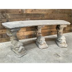 Cast stone four piece curved Dolphin bench, set with three dolphin pillars, curved rectangular slab top with detailed border