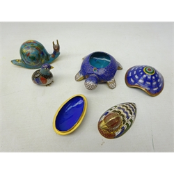  Four miniature Chinese Cloisonne animals comprising a Duck shaped box and cover, Turtle, Snail and Partridge (4)  