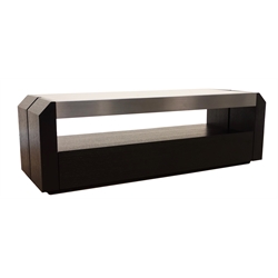  Black stained oak console entertainment unit, canted corners, shelf above single drawer, W130cm, H43cm, D46cm  