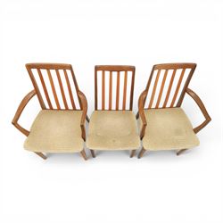 G-Plan - mid-20th century teak 'Fresco' circular extending dining table and six chairs, circular top with storable fold-over leaf extending to 166cm