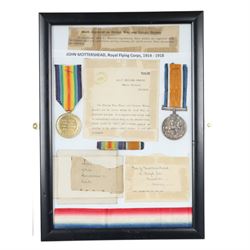 WWI framed medals, One framed set, medal duo war and victory medals, awarded to 79250 John Mottershead Royal Flying Corps, with ribbon band and paperwork, the second frame, medal trio 1914-15 star, war and victory medals, awarded to 29274 Cpl John Thorburn 16th Canadian Infantry together with Women's Royal Voluntary Service medal and badges     