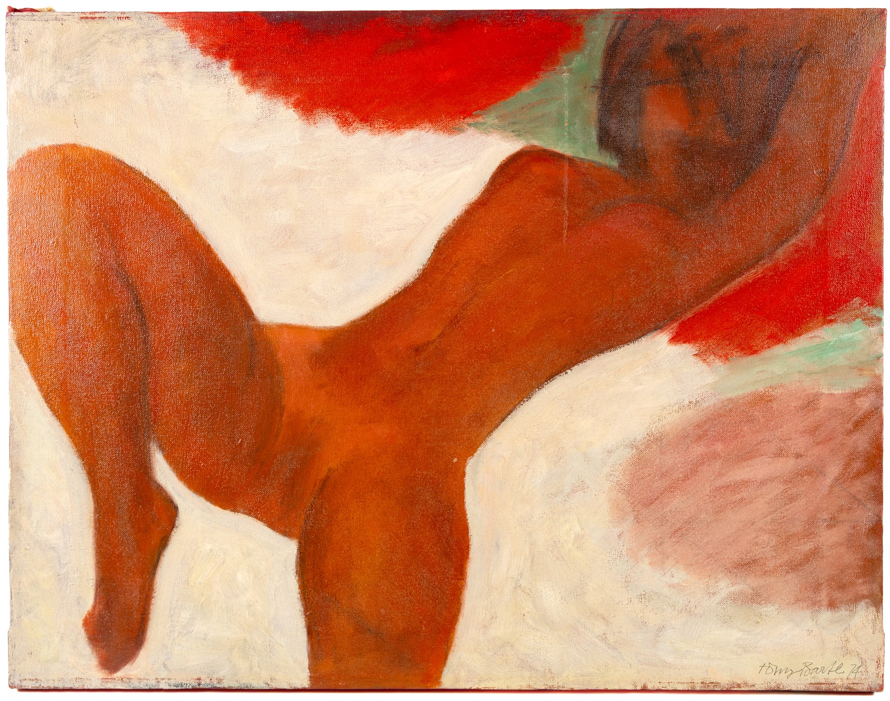 Tony Bartl (Czech 1912-1998): Female Nude in Red, oil on canvas signed and dated '74, 52cm x 67cm (unframed)