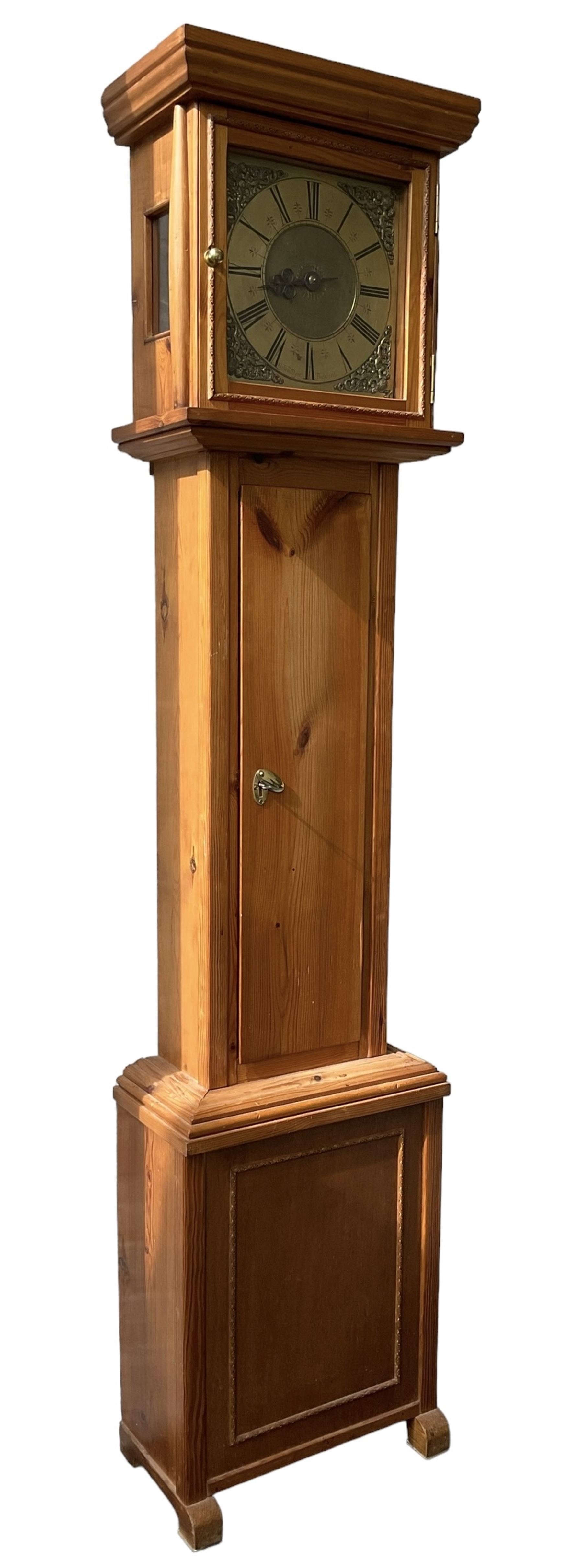 Contemporary Pine longcase clock -  With an early single handed 18th century 30hr movement and dial, movement and dial by Ephraim Dyer of Bideford, 1683-1723, brass dial with a matted dial centre, cast spandrels, single steel hand and chapter ring with Roman numerals, dial pinned to a chain driven birdcage movement with a countwheel strike, striking the hours on a bell. No weight or pendulum.