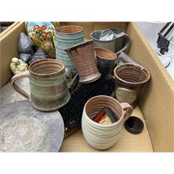 Wold studio pottery tankards and mugs, together with other studio pottery, lage silver plate serving tray, Lloytron adjustable desk lamp and other collectables in two boxes 
