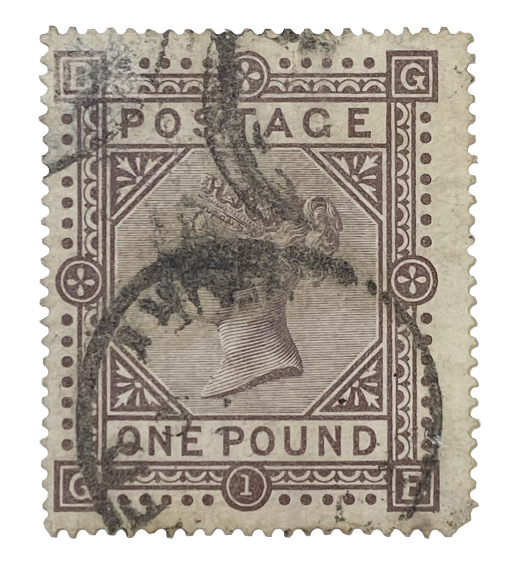 Great Britain Queen Victoria 1867-83 one pound brown-lilac stamp, plate one, used, previously mounted