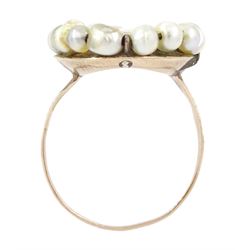 19th century portrait ring, set with an oval miniature of a woman wearing a pink dress on ivory, under a glazed panel, with threaded pearl surround and engraved shoulders. This lot has been registered for sale under Section 10 of the APHA Ivory Act