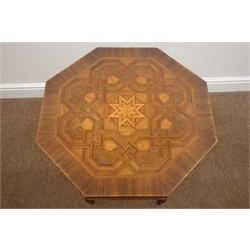  Edwardian walnut occasional table with octagonal marquetry top, slender turned supports, W54cm H62cm  