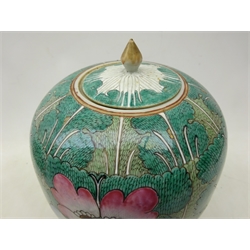  Late 19th century Chinese Famille rose jar and cover, ovoid form painted with butterflies against a Cabbage Leaf pattern ground, H34cm   