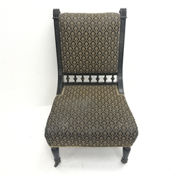  Victorian ebonised two seat sofa, upholstered back seat and arms, gallery backs, acanthus carved and scrolled arms, turned supports (W144cm) and pair matching chairs (W58cm)  