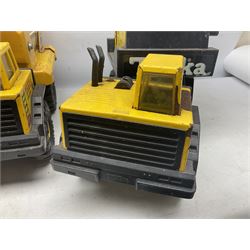Tonka - five large scale pressed steel vehicles comprising Cement Mixer, Mighty Mobile Crane, Jeep and two Dumper Trucks (5)
