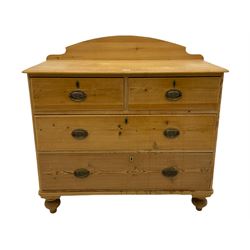 Victorian pine chest, raised shaped back, fitted with two short and two long drawers, on turned feet