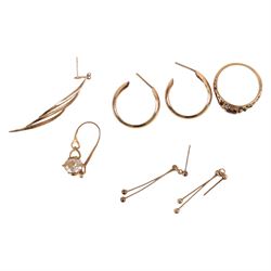 9ct gold jewellery, comprising pair of hoop earrings, pair of pendant earrings, stone set ring and two odd earrings