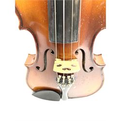Three full size violins and two three-quarter size violins, predominantly modern for completion, one with metallic purple finish (5)