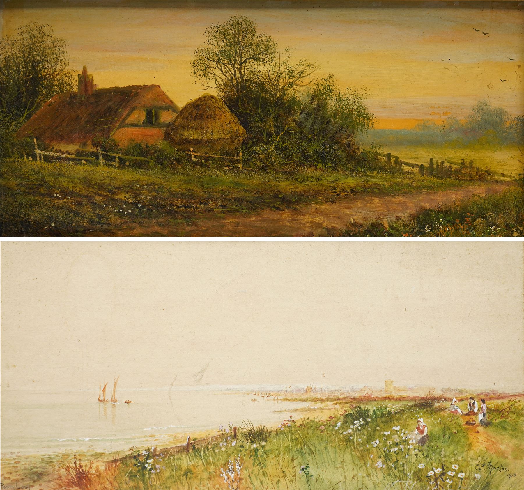Fred Hines (British 1875-1928): Landscape with Thatched Cottage, oil on board signed; together with Ed Norton (British 19th/20th Century): ‘Poppy Land’, signed titled and dated max 19cm x 40cm (2) (one unframed)