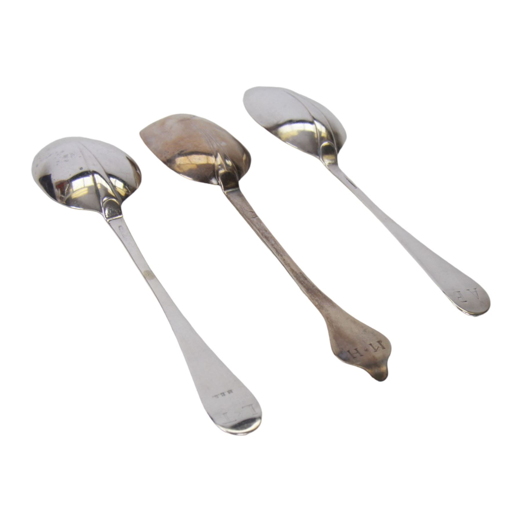 Two 18th century American silver Hanovarian pattern tablespoons with rat tail bowls, the first example marked for Joseph Edwards, Boston MA, L18.5cm, the second marked for Jonathan Clarke, Newport RI, L20cm, together with an 18th century American silver dog nose spoon with rat tail bowl, marked for Thomas Edwards, Boston MA, L19cm, 


